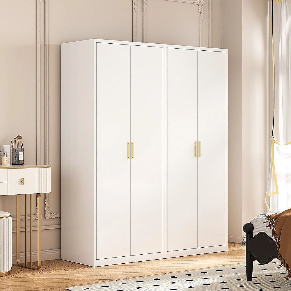 160x200cm 4-Door White Steel Hanging Wardrobe with Gold Handle Storage Cabinet