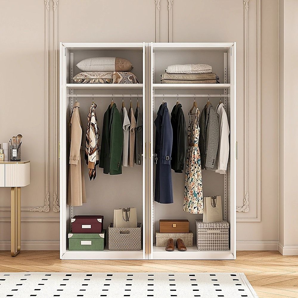 160x200cm 4-Door White Steel Hanging Wardrobe with Gold Handle Storage Cabinet