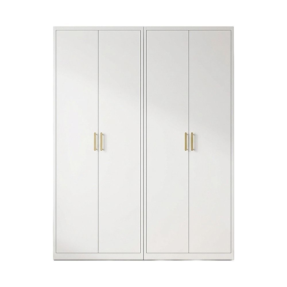 160x200cm 4-Door White Steel Hanging Wardrobe with Gold Handle Storage Cabinet