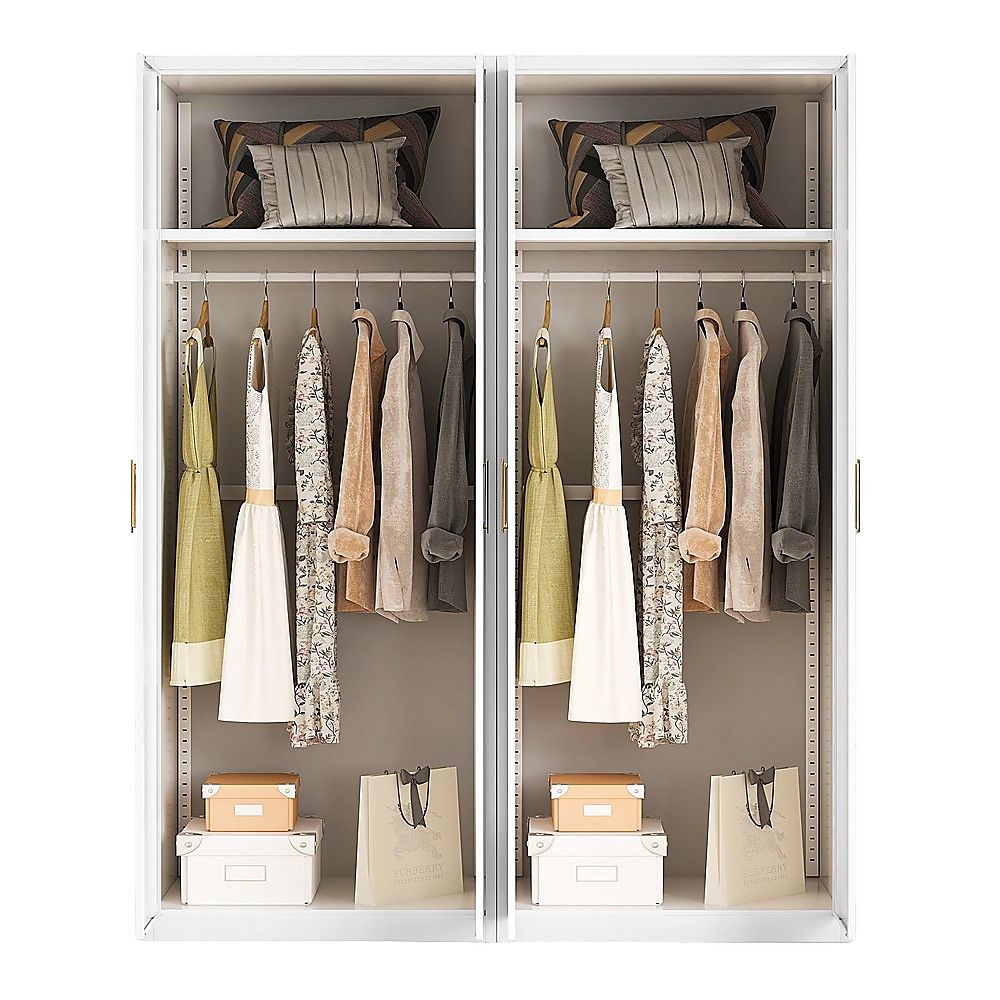 160x200cm 4-Door White Steel Hanging Wardrobe with Gold Handle Storage Cabinet