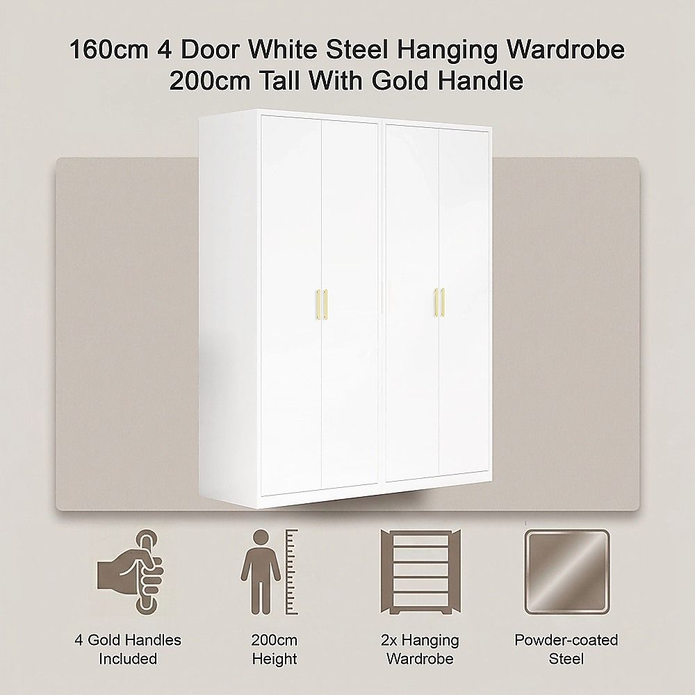 160x200cm 4-Door White Steel Hanging Wardrobe with Gold Handle Storage Cabinet