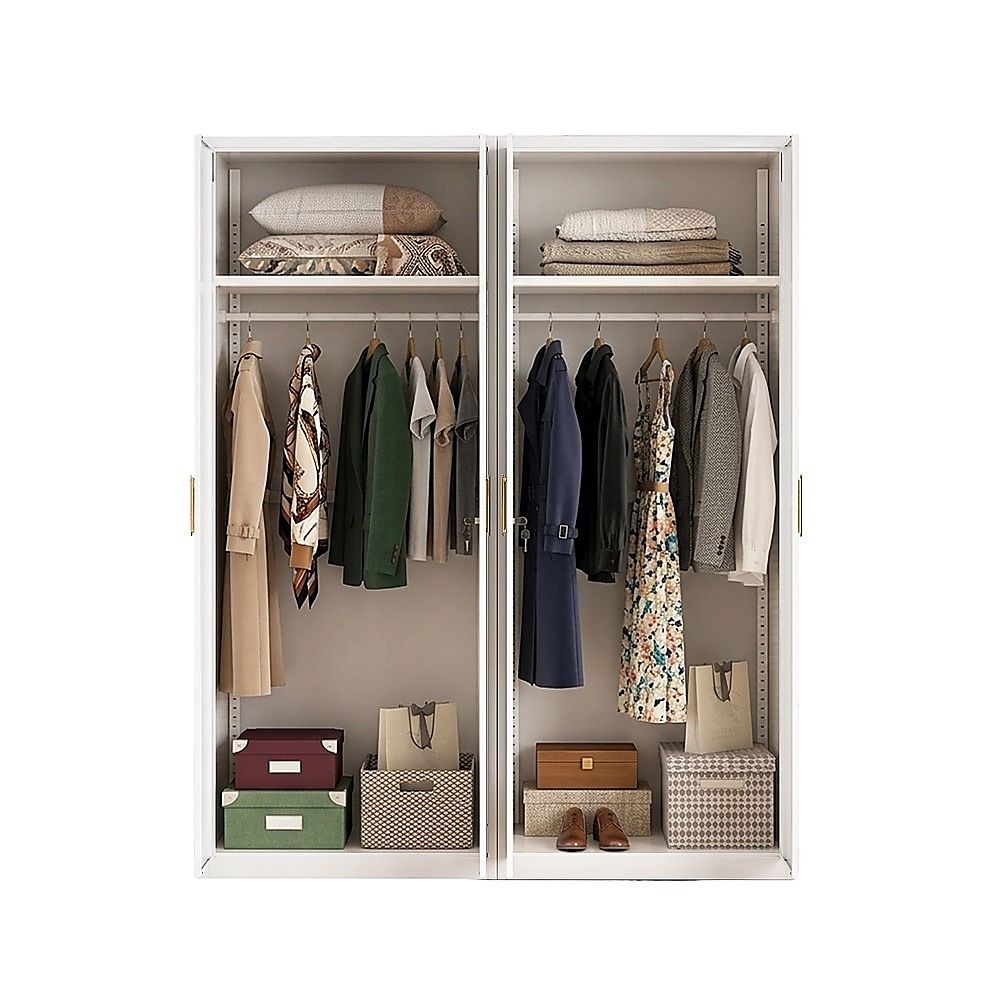 160x200cm 4-Door White Steel Hanging Wardrobe with Gold Handle Storage Cabinet