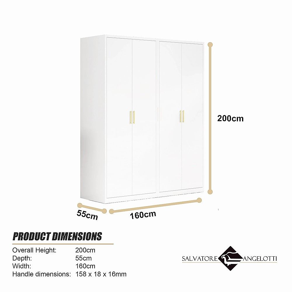 160x200cm 4-Door White Steel Hanging Wardrobe with Gold Handle Storage Cabinet