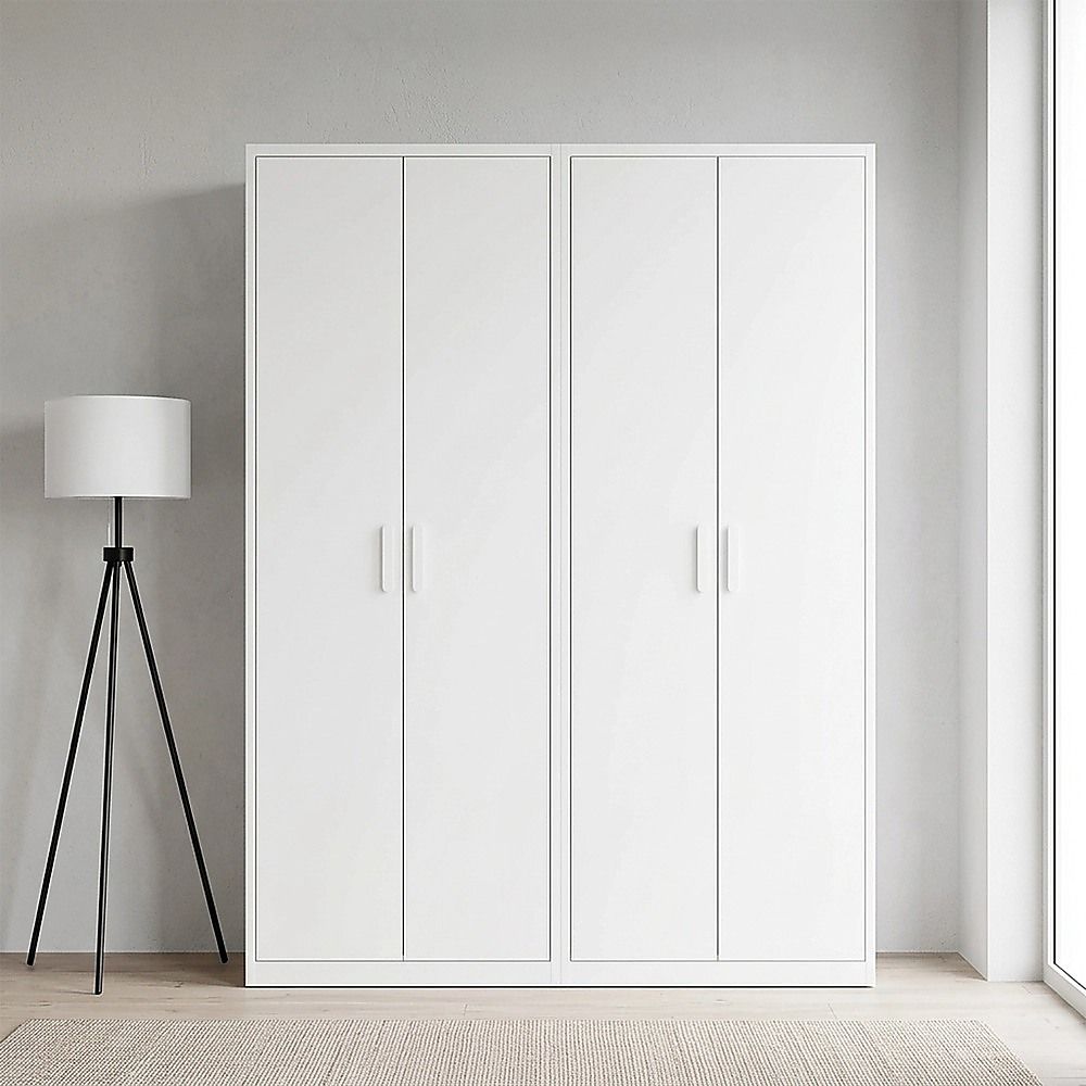 160x200cm 4-Door White Steel Hanging Wardrobe with White Handle Storage Cabinet