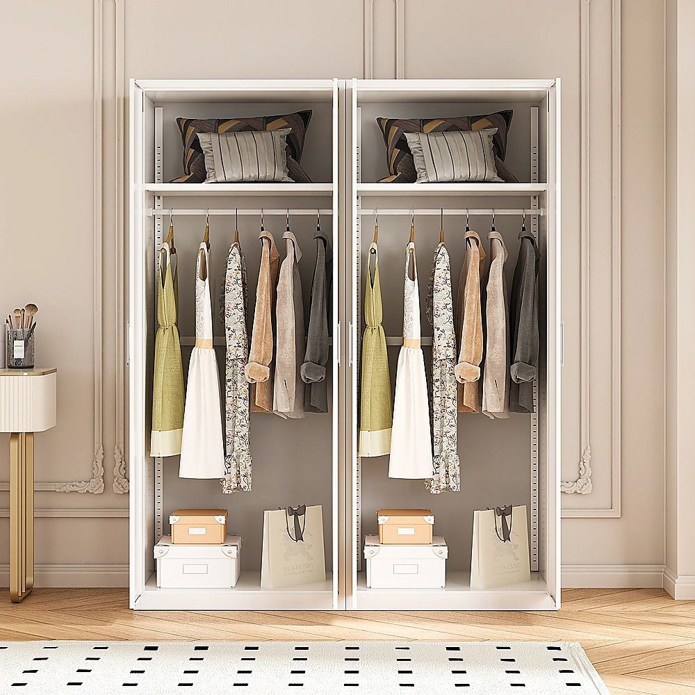 160x200cm 4-Door White Steel Hanging Wardrobe with White Handle Storage Cabinet
