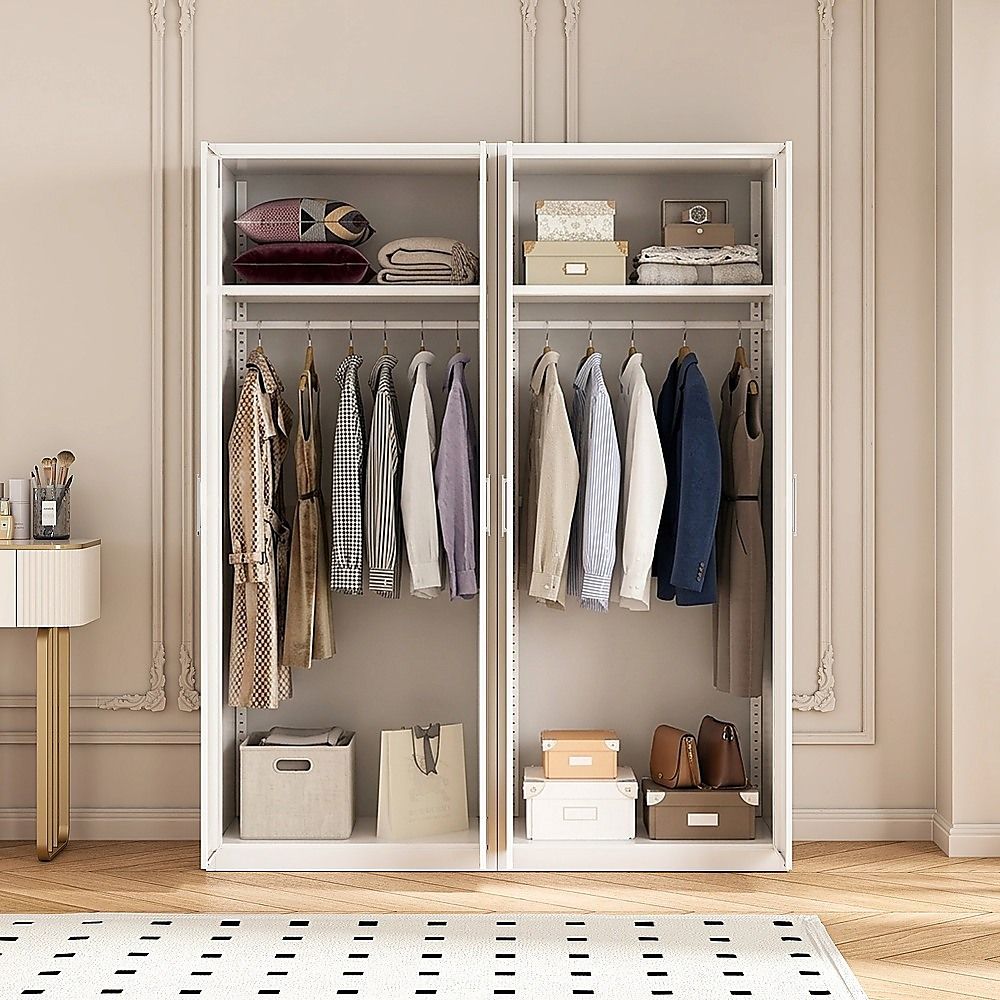 160x200cm 4-Door White Steel Hanging Wardrobe with White Handle Storage Cabinet