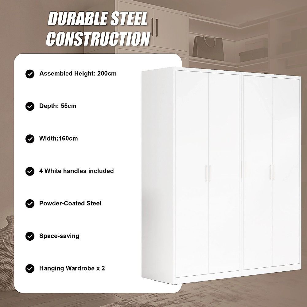 160x200cm 4-Door White Steel Hanging Wardrobe with White Handle Storage Cabinet