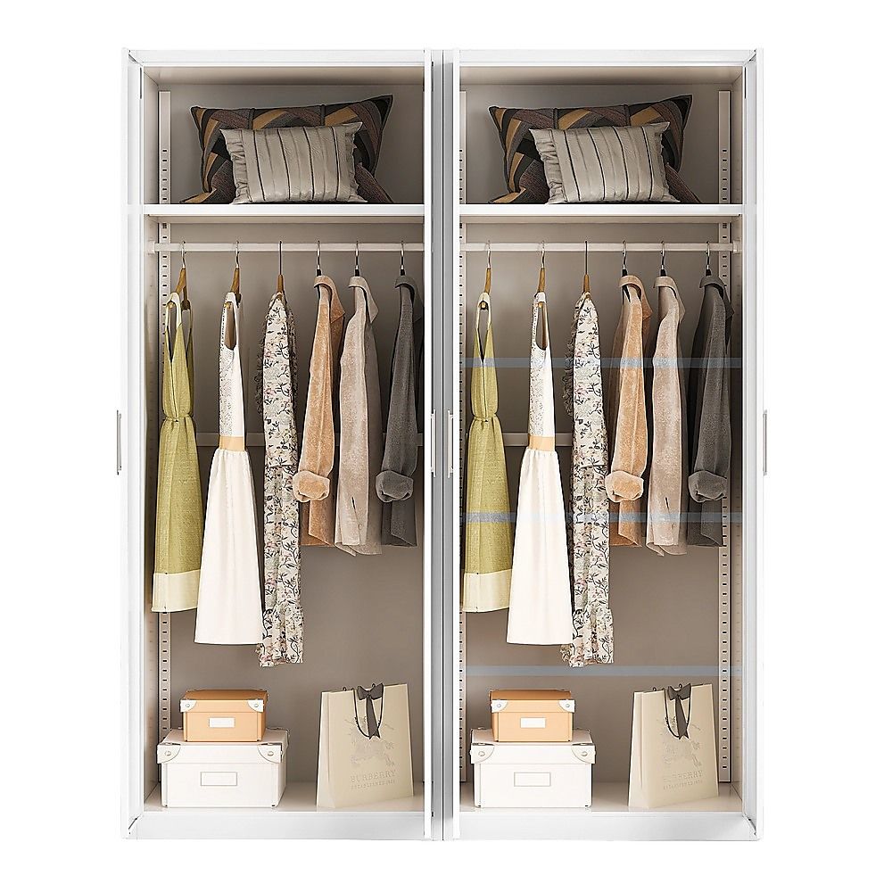 160x200cm 4-Door White Steel Hanging Wardrobe with White Handle Storage Cabinet