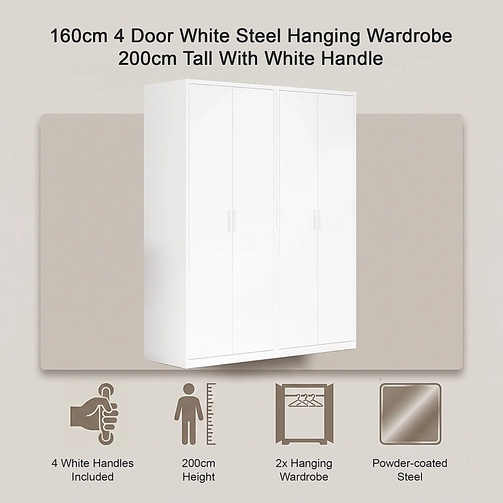 160x200cm 4-Door White Steel Hanging Wardrobe with White Handle Storage Cabinet