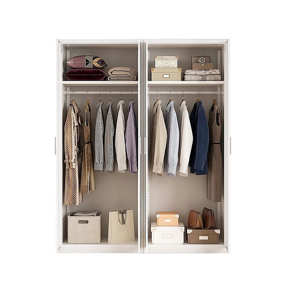 160x200cm 4-Door White Steel Hanging Wardrobe with White Handle Storage Cabinet