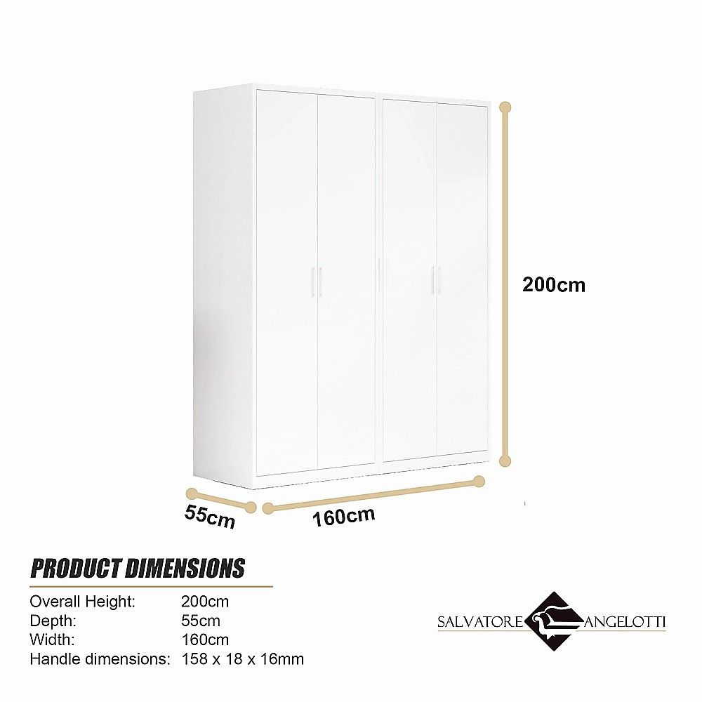 160x200cm 4-Door White Steel Hanging Wardrobe with White Handle Storage Cabinet