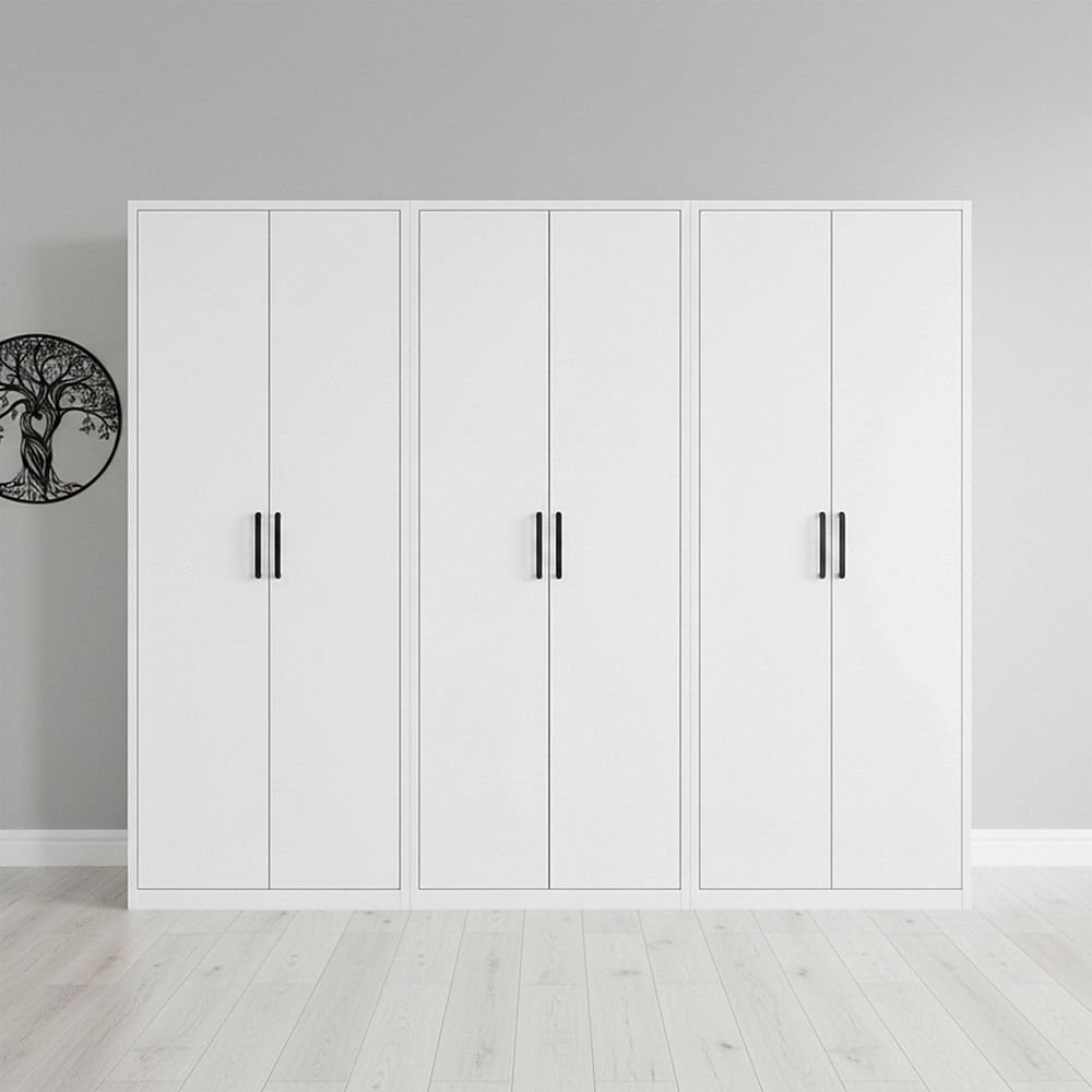 240x200cm 6-Door White Steel Hanging Wardrobe with Black Handle Storage Cabinet