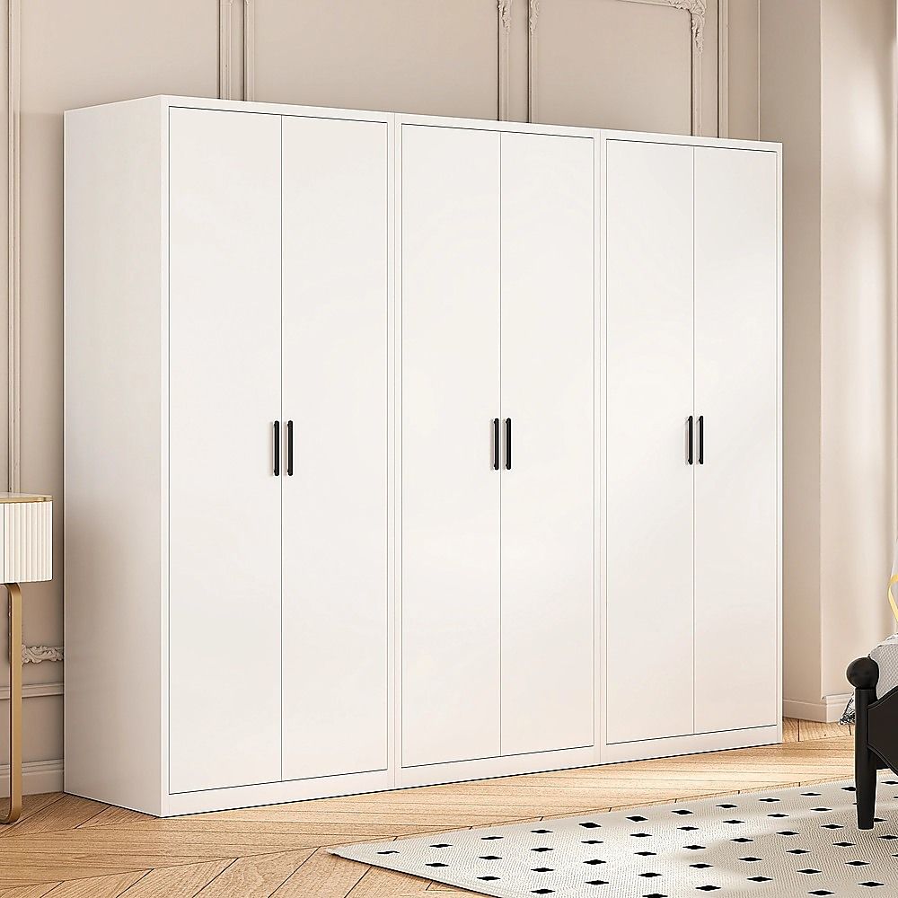 240x200cm 6-Door White Steel Hanging Wardrobe with Black Handle Storage Cabinet