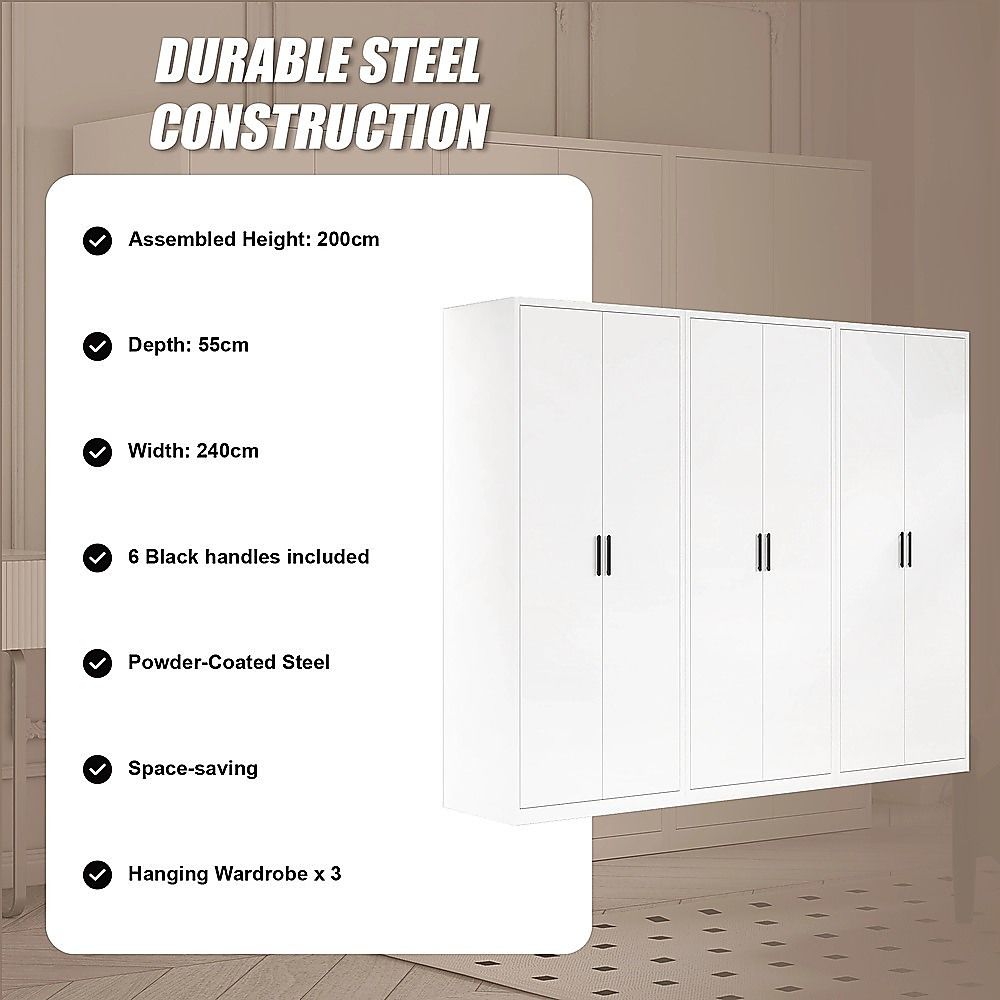 240x200cm 6-Door White Steel Hanging Wardrobe with Black Handle Storage Cabinet