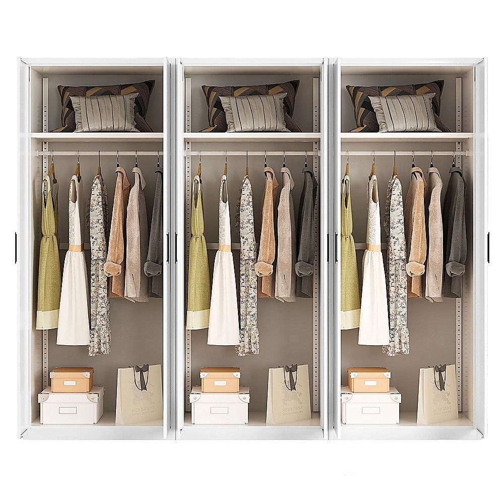 240x200cm 6-Door White Steel Hanging Wardrobe with Black Handle Storage Cabinet