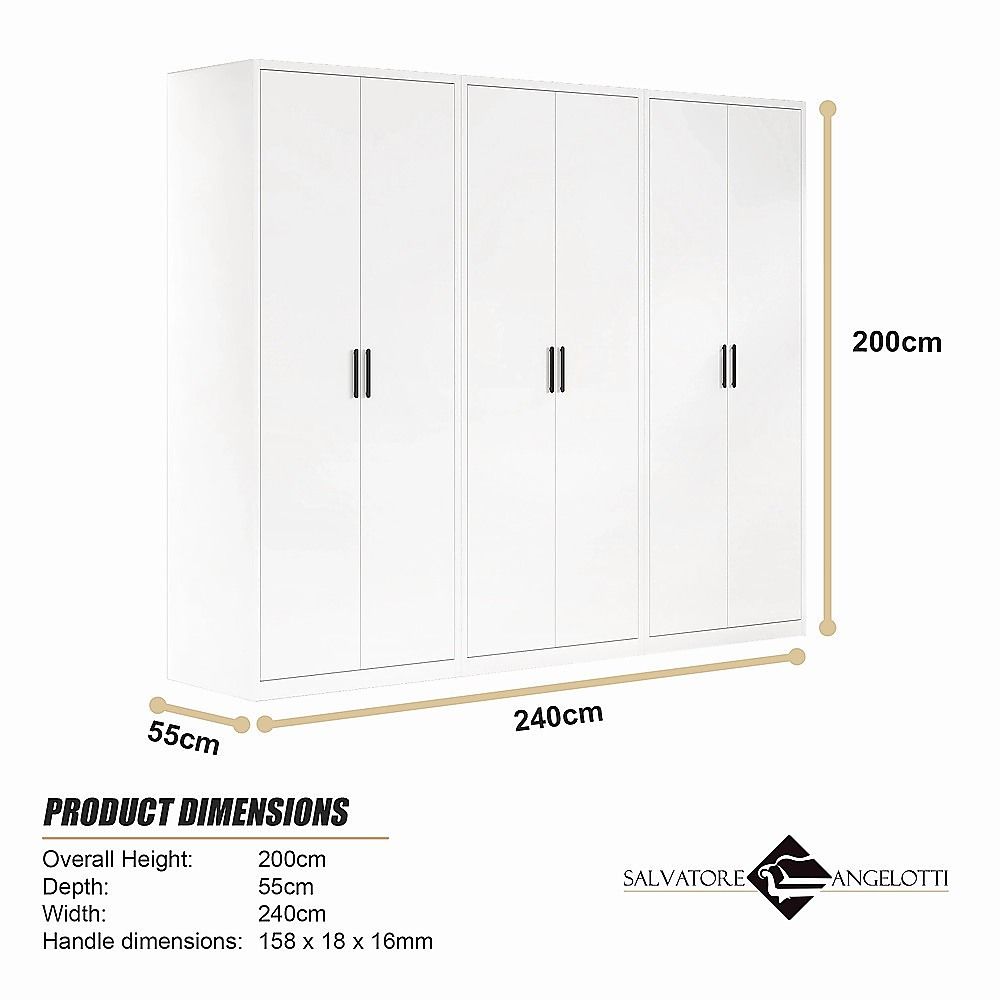 240x200cm 6-Door White Steel Hanging Wardrobe with Black Handle Storage Cabinet