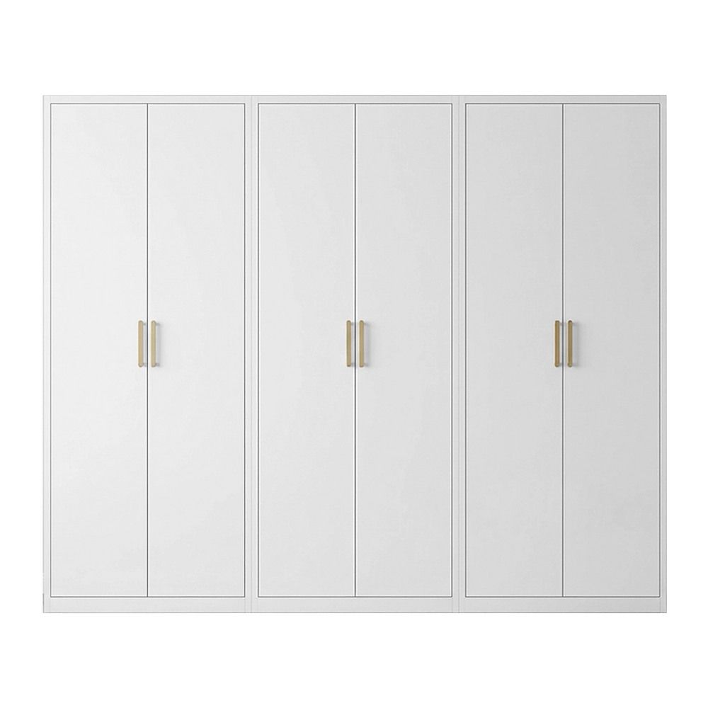 240x200cm 6-Door White Steel Hanging Wardrobe with Gold Handle Storage Cabinet