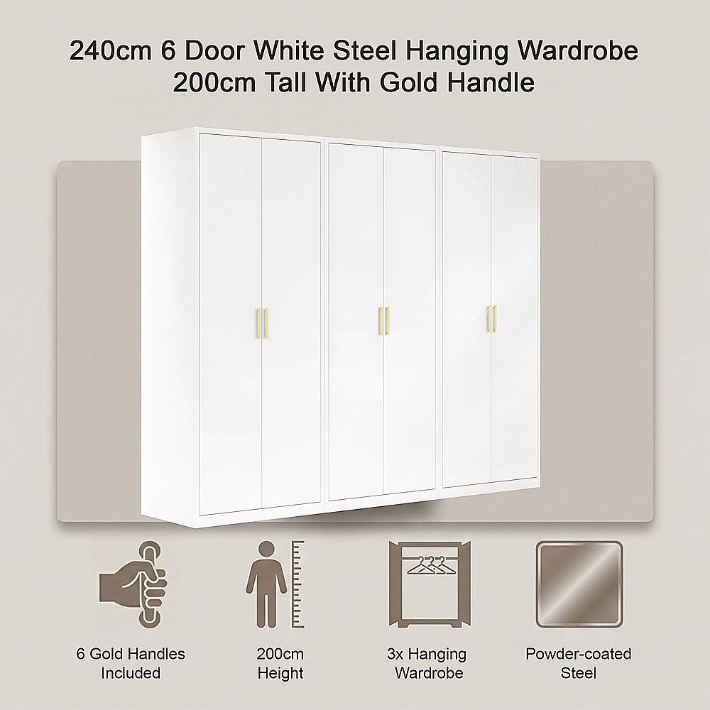 240x200cm 6-Door White Steel Hanging Wardrobe with Gold Handle Storage Cabinet