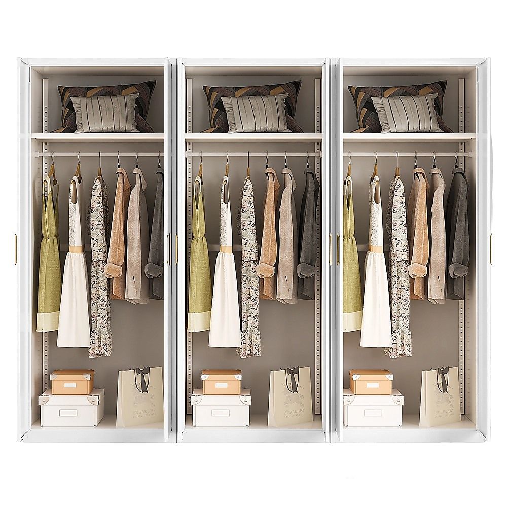 240x200cm 6-Door White Steel Hanging Wardrobe with Gold Handle Storage Cabinet