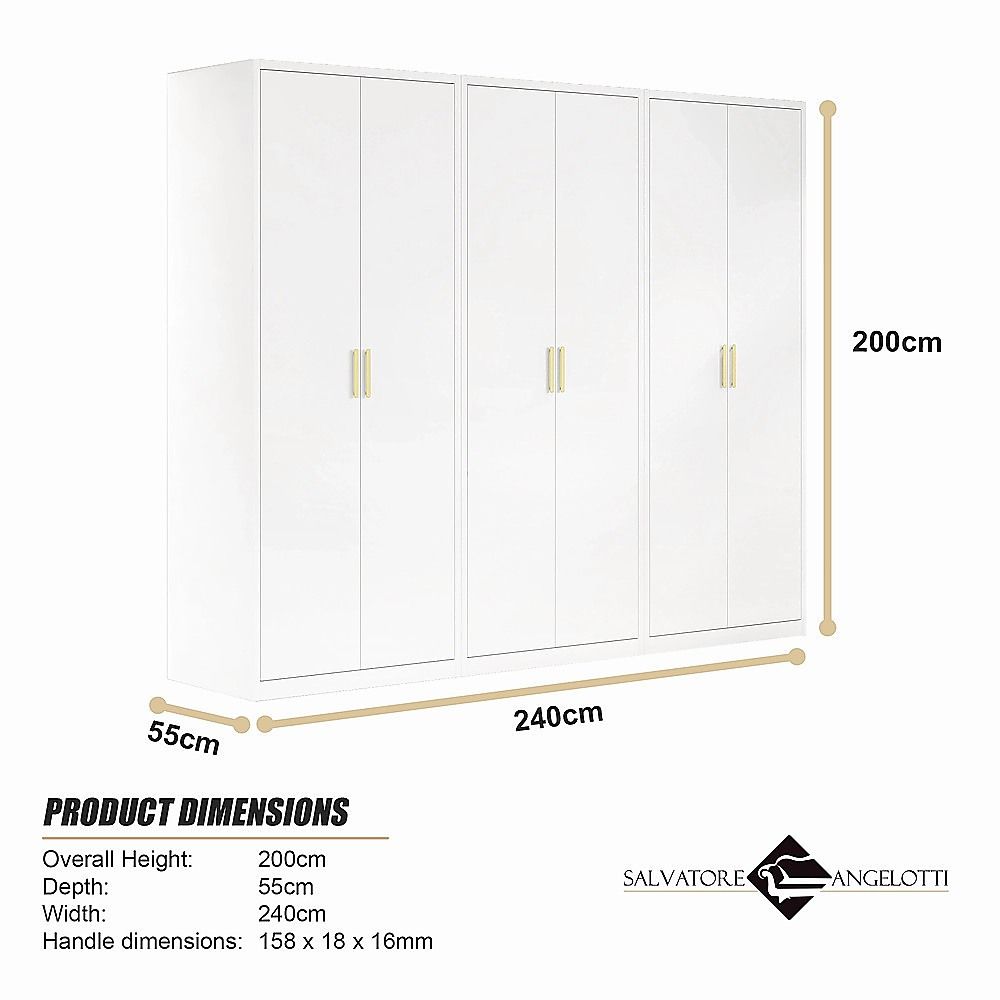 240x200cm 6-Door White Steel Hanging Wardrobe with Gold Handle Storage Cabinet