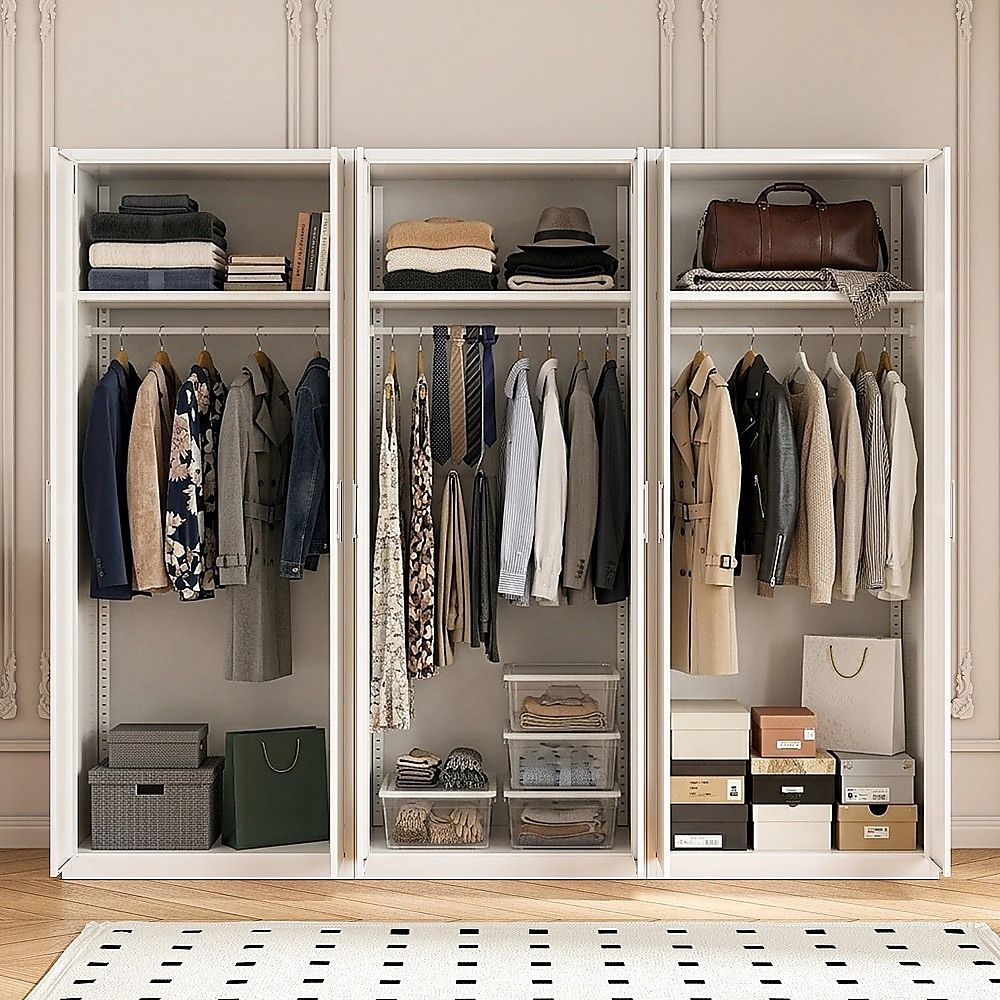 240x200cm 6-Door White Steel Hanging Wardrobe with White Handle Storage Cabinet