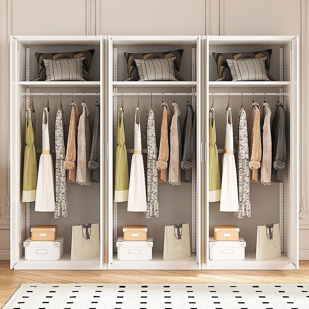 240x200cm 6-Door White Steel Hanging Wardrobe with White Handle Storage Cabinet