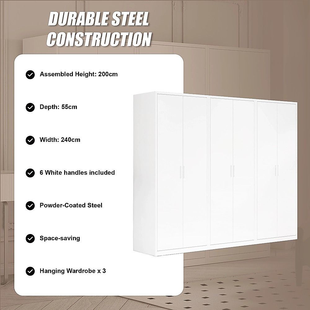 240x200cm 6-Door White Steel Hanging Wardrobe with White Handle Storage Cabinet