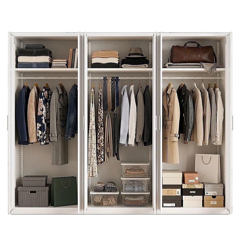 240x200cm 6-Door White Steel Hanging Wardrobe with White Handle Storage Cabinet