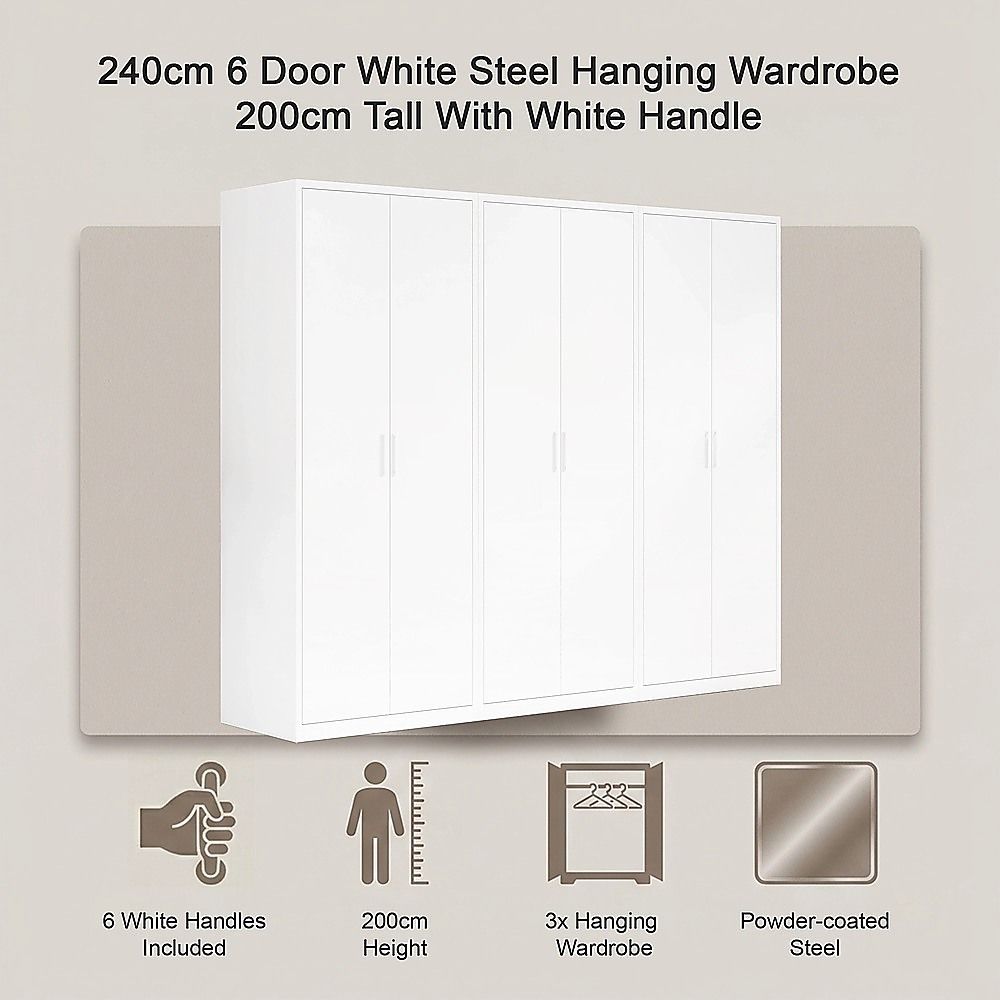240x200cm 6-Door White Steel Hanging Wardrobe with White Handle Storage Cabinet
