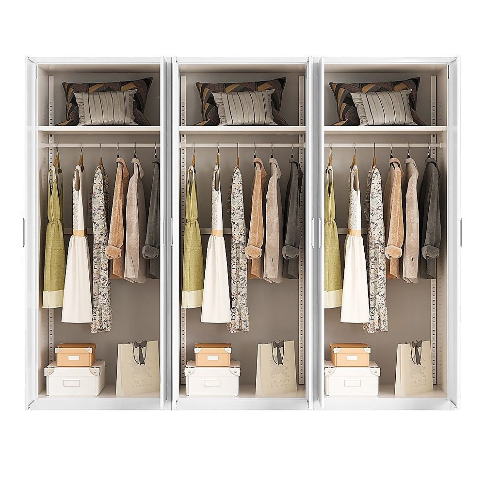 240x200cm 6-Door White Steel Hanging Wardrobe with White Handle Storage Cabinet