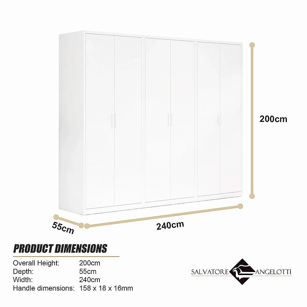 240x200cm 6-Door White Steel Hanging Wardrobe with White Handle Storage Cabinet