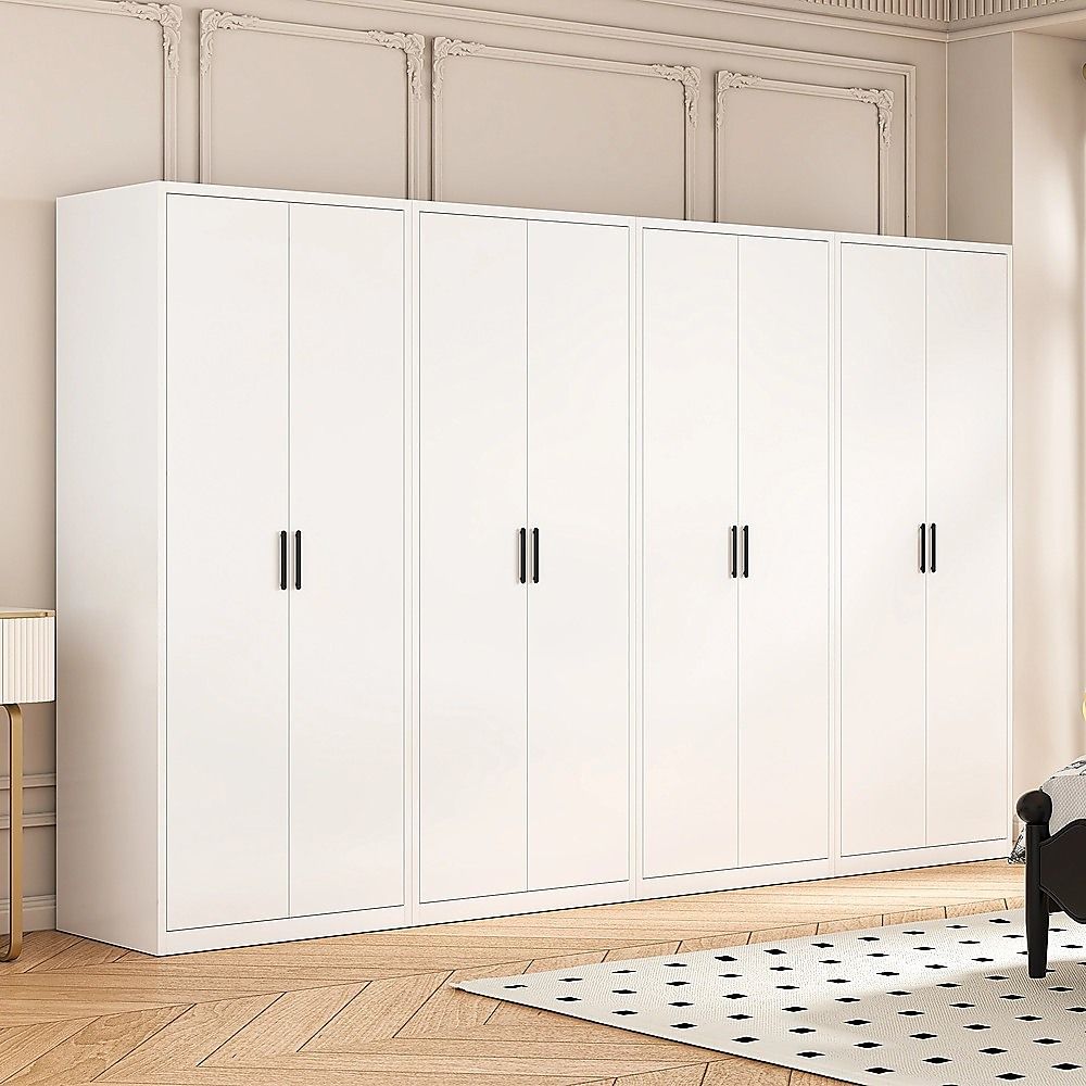 320x200cm 8-Door White Steel Hanging Wardrobe with Black Handle Storage Cabinet