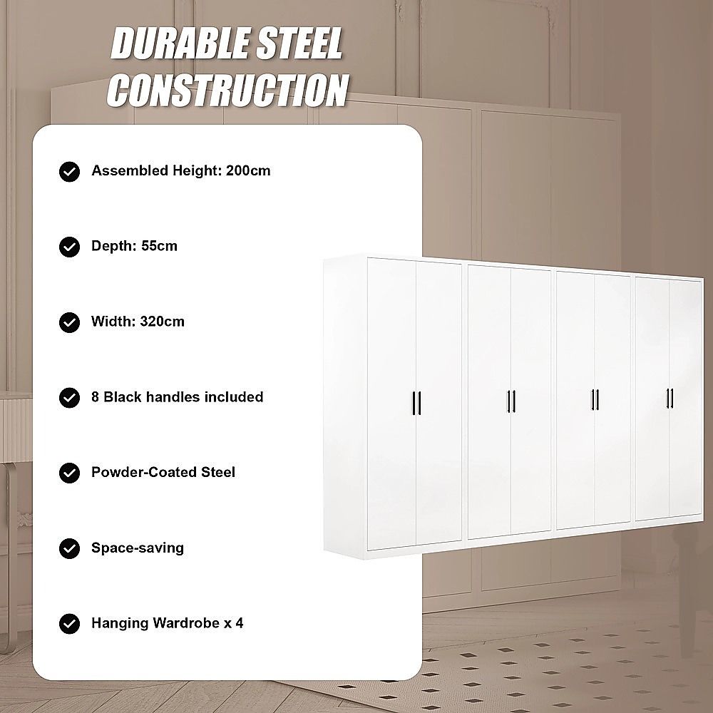320x200cm 8-Door White Steel Hanging Wardrobe with Black Handle Storage Cabinet