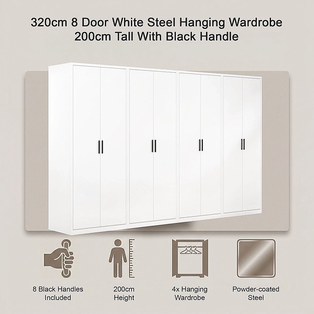 320x200cm 8-Door White Steel Hanging Wardrobe with Black Handle Storage Cabinet