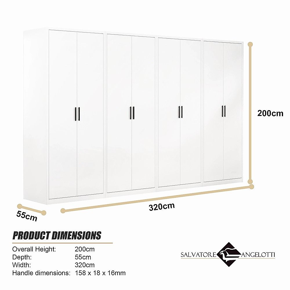 320x200cm 8-Door White Steel Hanging Wardrobe with Black Handle Storage Cabinet