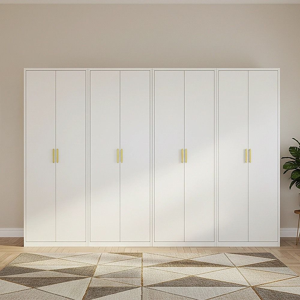 320x200cm 8-Door White Steel Hanging Wardrobe with Gold Handle Storage Cabinet