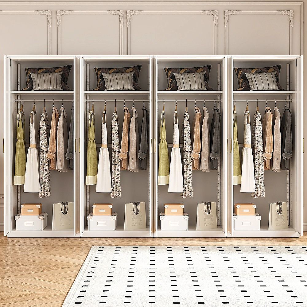 320x200cm 8-Door White Steel Hanging Wardrobe with Gold Handle Storage Cabinet
