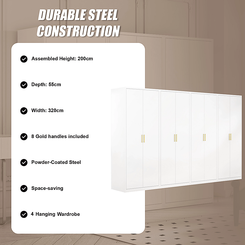 320x200cm 8-Door White Steel Hanging Wardrobe with Gold Handle Storage Cabinet