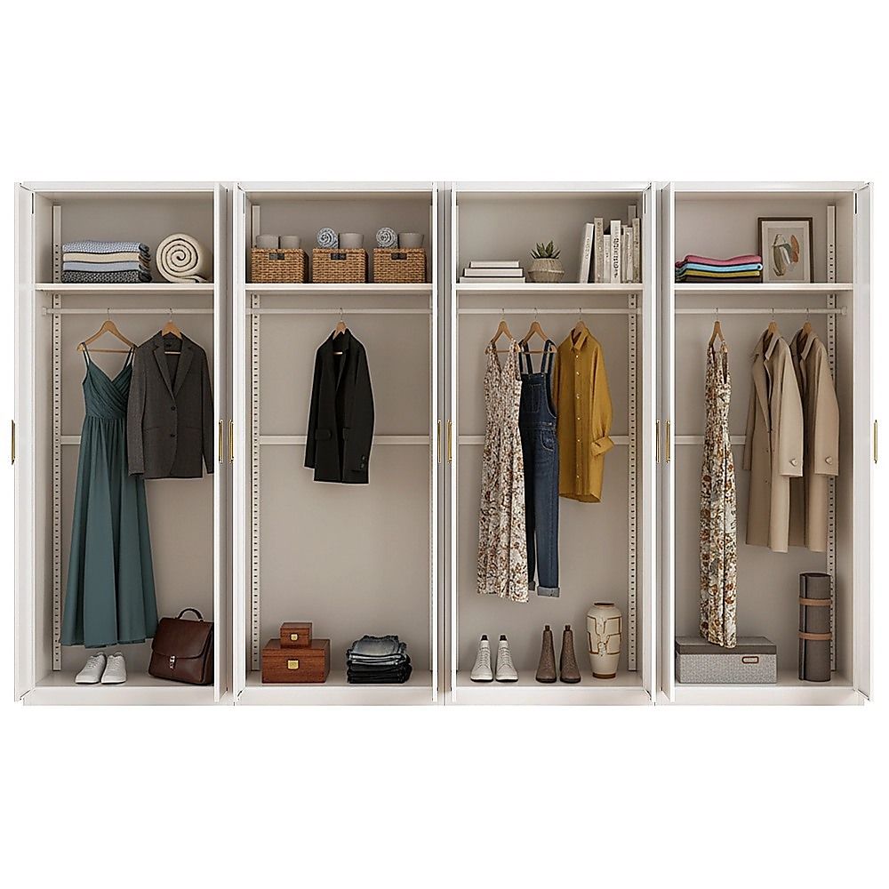 320x200cm 8-Door White Steel Hanging Wardrobe with Gold Handle Storage Cabinet