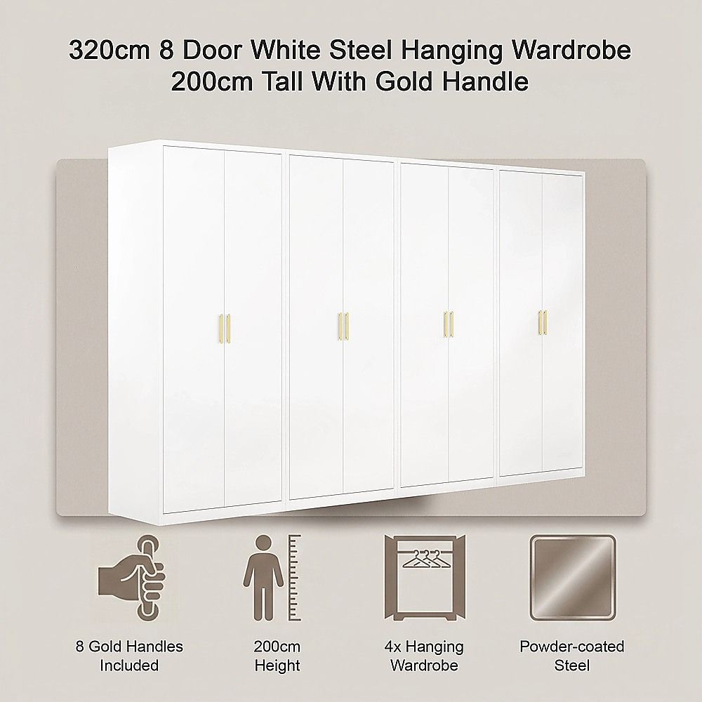 320x200cm 8-Door White Steel Hanging Wardrobe with Gold Handle Storage Cabinet
