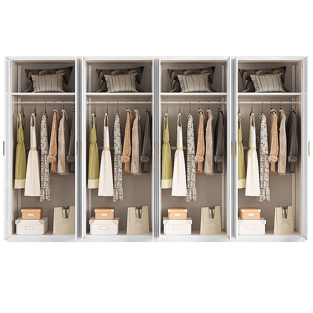 320x200cm 8-Door White Steel Hanging Wardrobe with Gold Handle Storage Cabinet