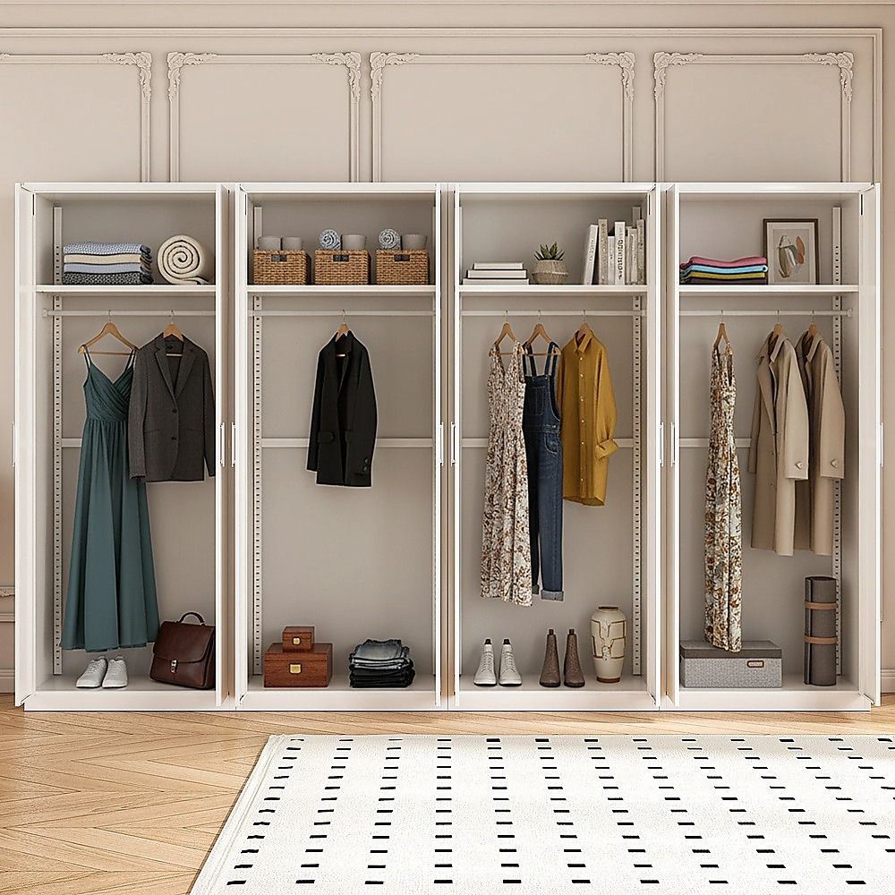 320x200cm 8-Door White Steel Hanging Wardrobe with White Handle Storage Cabinet