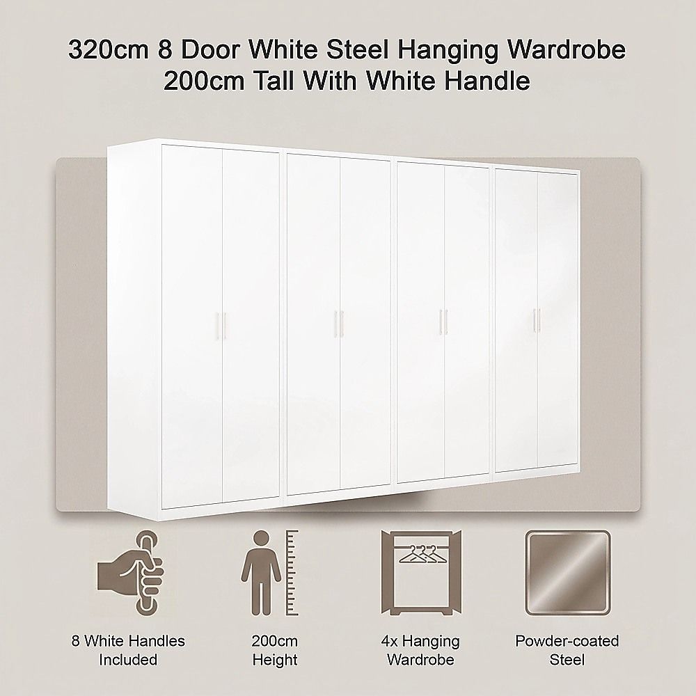 320x200cm 8-Door White Steel Hanging Wardrobe with White Handle Storage Cabinet