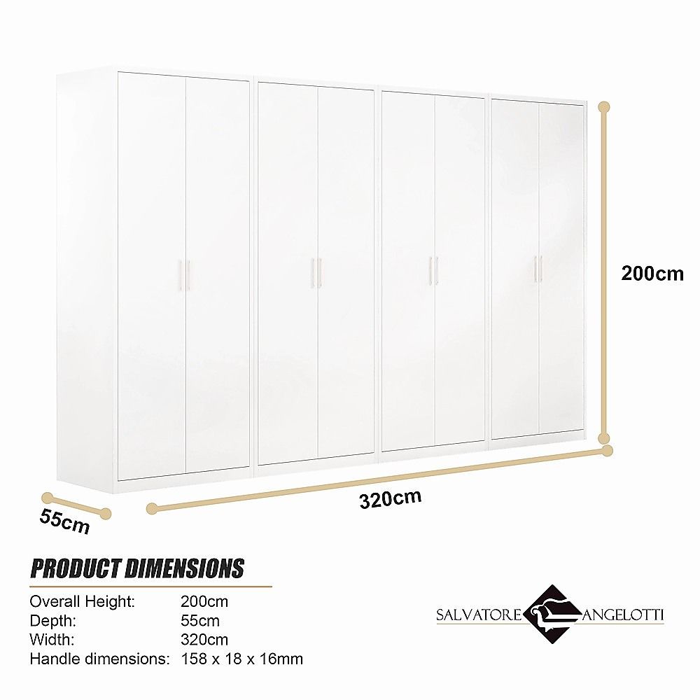 320x200cm 8-Door White Steel Hanging Wardrobe with White Handle Storage Cabinet