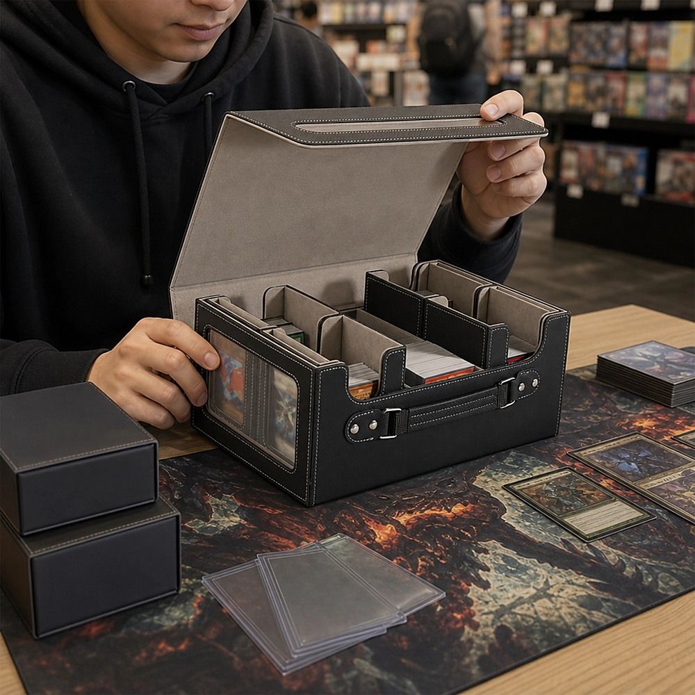 Trading Card Storage Box 3 Row TCG Organiser Magnetic Leather Case with Dividers for MTG Pokemon YuGiOh Cards