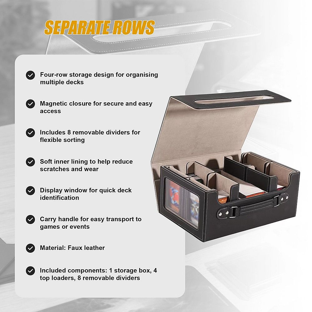 Trading Card Storage Box 3 Row TCG Organiser Magnetic Leather Case with Dividers for MTG Pokemon YuGiOh Cards