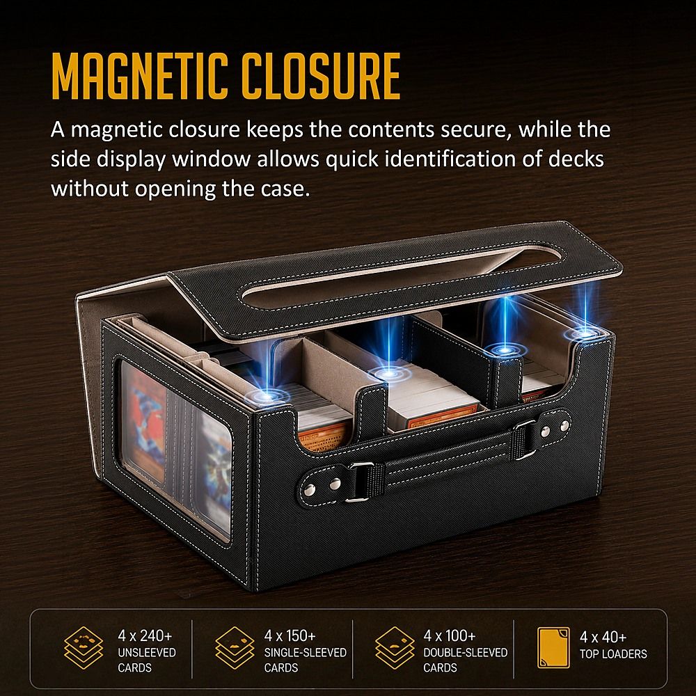 Trading Card Storage Box 3 Row TCG Organiser Magnetic Leather Case with Dividers for MTG Pokemon YuGiOh Cards