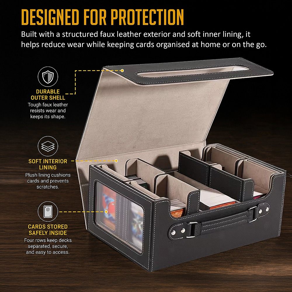 Trading Card Storage Box 3 Row TCG Organiser Magnetic Leather Case with Dividers for MTG Pokemon YuGiOh Cards