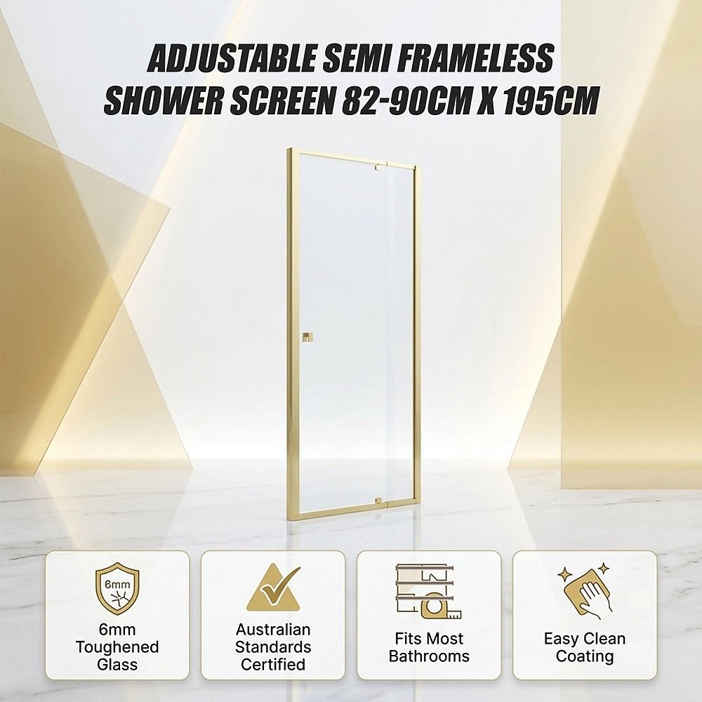 Semi-Frameless Shower Screen – Gold, Front: 82 90 x195cm, No Side Return