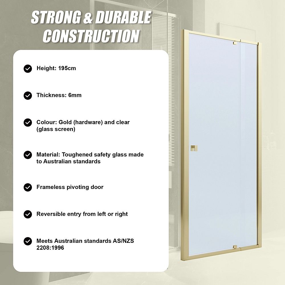 Semi-Frameless Shower Screen – Gold, Front: 98 106 x195cm, No Side Return